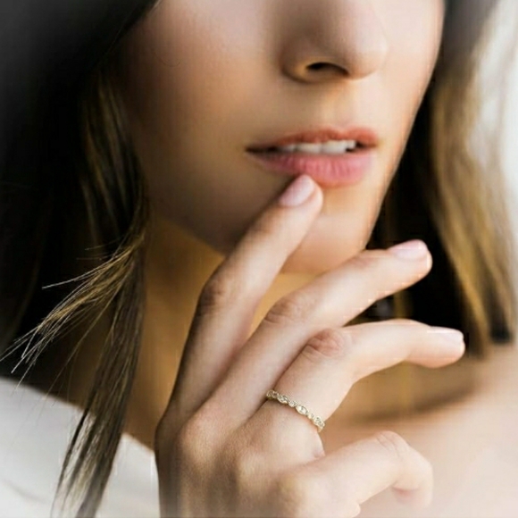 14K Gold Plated Cubic Zirconia Round Milgrain Eternity Ring - Picture 3 of 5